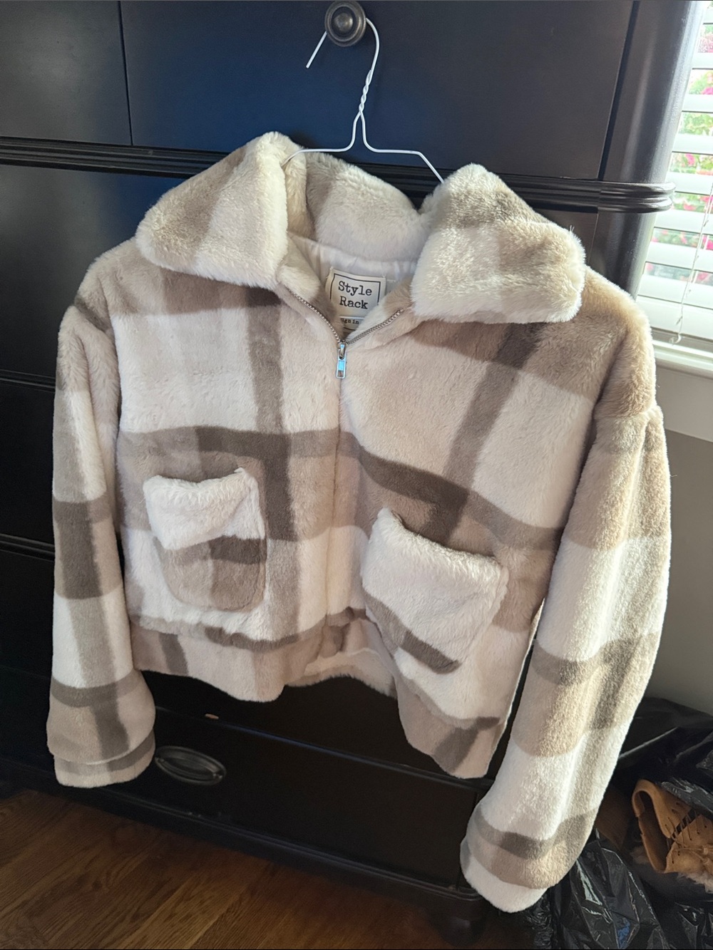 Style Rack Kids Plush Plaid Zip Jacket in Beige and Cream